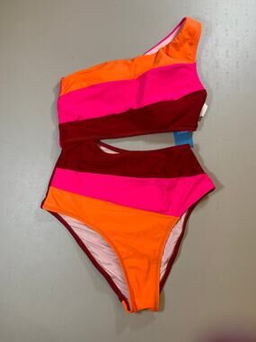 NWT Cupshe Pink Orange Red Colorblock Cutout One Piece Bathing Suit Size XS‎
